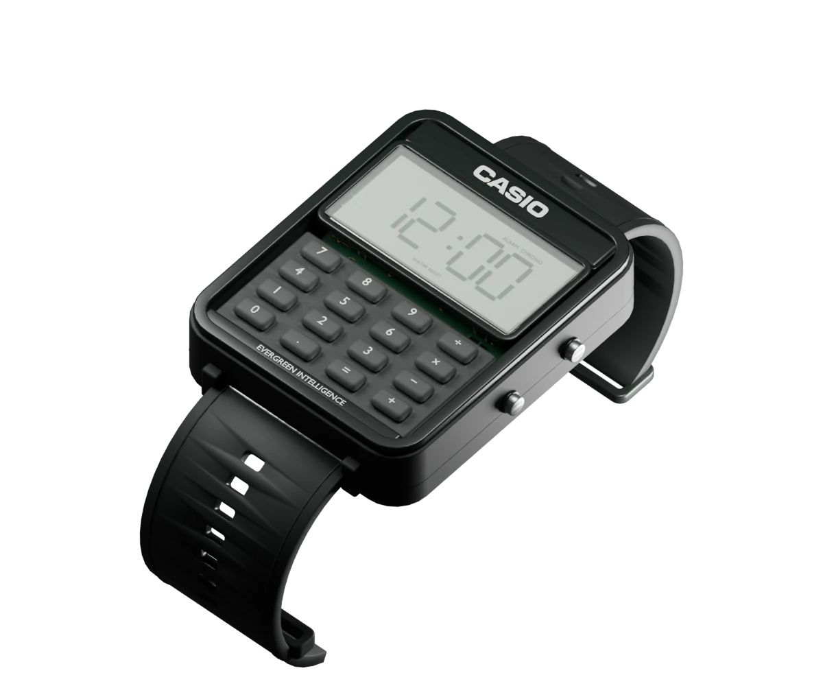 A CASIO calculator watch with the Evergreen name, a graphite case, a sage display, and stainless steel parts.